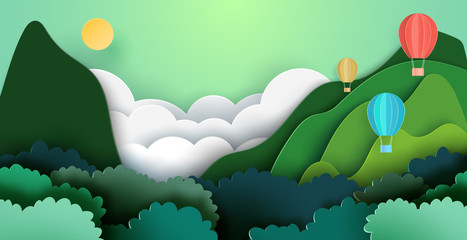 Poster - Summer travel and adventure concept with hot air balloons on mountains and forest nature landscape background paper art style.Vector illustration.