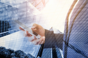 Poster - Business Technology Telecommunication and Communication 5G Network Connection Concept, Double Exposure of Business Woman Using Mobile Phone for Communicating Information With Cityscape Background.