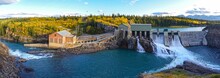 Panoramic View Of Horseshoe Falls Dam At Bow River, Rocky Mountains Foothills West Of Calgary.  Massive Concrete Structure Was The First Sizeable Hydroelectric Facility In Alberta, Canada