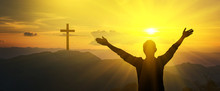 The Crucifix Symbol Of Jesus On The Mountain And A Man Thanking God