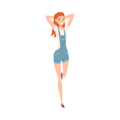 Wall Mural - Beautiful Happy Girl in Jeans Overall Standing Throwing Hands Over Head Vector Illustration