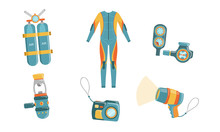 Diving Equipment Set, Wetsuit, Underwater Mask, Snorkel, Aqualung, Camera, Depth Gauge Vector Illustration