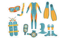 Diving Equipment Set, Wetsuit, Underwater Mask, Snorkel, Aqualung, Depth Gauge, Fins Vector Illustration