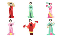 Japanese Girls In Traditional Clothes Set, Asian Woman Wearing A Kimono, Geisha And Kabuki Characters Vector Illustration
