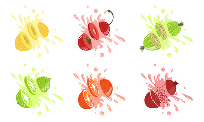 Sticker - Sweet Fruits and Berries with Splashes Set, Melon, Cherry, Gooseberry, Lime, Orange, Pomegranate Vector Illustration