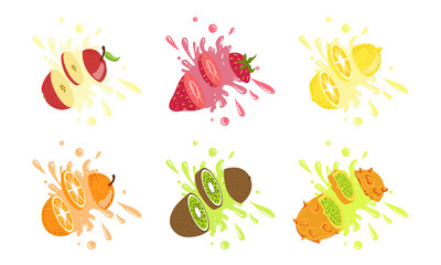 Poster - Sweet Fruits and Berries with Splashes Set, Apple, Strawberry, Lemon, Orange, Kiwi, Kiwano, Melon Vector Illustration