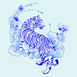 illustration white tiger design in tattoo  blue Porcelain for print elements vector with light blue ceramic color background