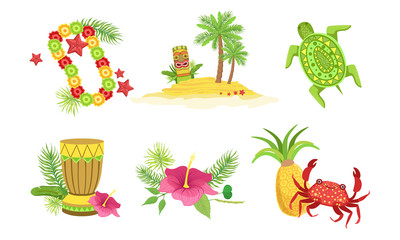 Wall Mural - Collection of Hawaiian Traditional Objects, Flower Necklace, Palm Tree, Tiki Mask, Drum, Crab, Pineapple, Hibiscus Flower Vector Illustration