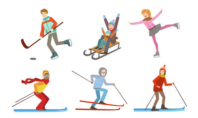 Wall Mural - Winter Sport Activities Set, Different People Skiing, Sledding, Figure Skating, Playing Hokkey Vector Illustration