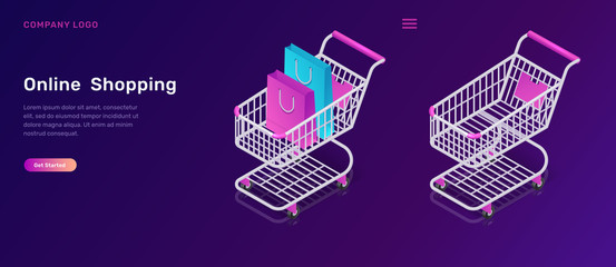 Poster - Online shopping, isometric concept vector illustration. Shopping carts empty and with bags, isolated on ultraviolet background, landing web page for mobile app