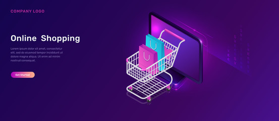 Online shopping, isometric concept vector illustration. Computer monitor screen and shopping cart with bags, isolated on ultraviolet background, landing web page template