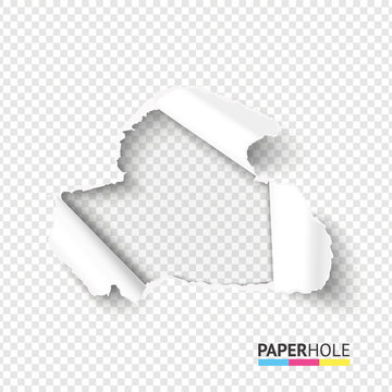 Blank hole in tear paper on abstract transparent background. Cardboard hole with torn edge. Vector illustration