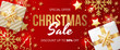 Christmas sale banner with christmas elements on red background. Vector illustration 