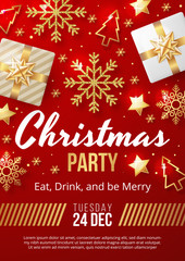 Christmas Party poster template with christmas elements on red background. Vector illustration 