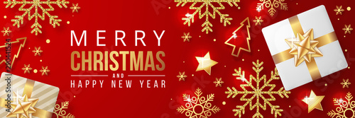 Cuadros en Lienzo Merry christmas banner with christmas elements on red background