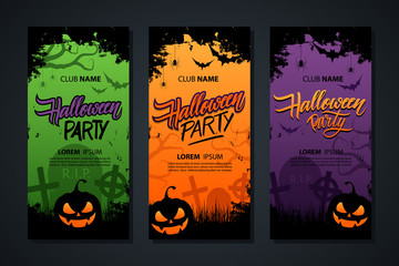 Halloween Party flyer templates set with brush stroke background, hand lettering text Halloween Party and traditional Halloween holiday spooky symbols. Vector illustration.