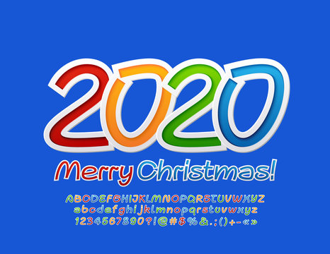 Vector bright sticker Merry Christmas 2020 Greeting Card. Funny  Original Font for Kids. Colorful Alphabet Letters, Symbols and Numbers.