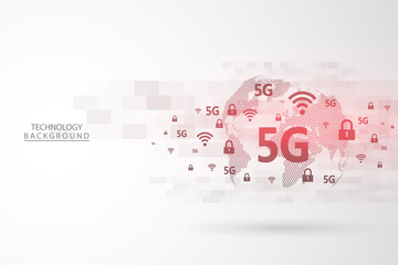 Poster - Global network connection.Abstract background technology graphic design. 5G network wireless systems and internet . Big data .Global network high speed connection data rate technology