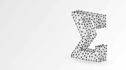 Sigma, the letter of a Greek alphabet. Greek numerals, mathematical two hundred number concept. Abstract, digital, wireframe, low poly mesh, Raster white origami 3d illustration. Triangle, line, dot