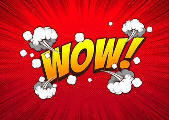 WOW! vintage comic book, speed line and bubbles, yellow font color on red background, pop art Vector illustration file,