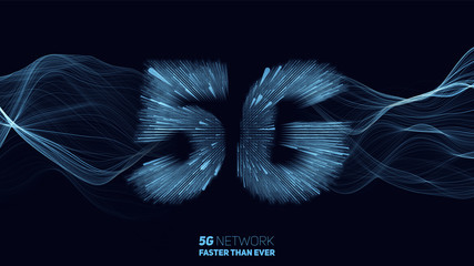 Poster - Vector abstract 5G new wireless internet connection background. Global network high speed network. 5G symbol construted with glowing lines with a lightspeed burst on background.