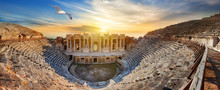 Amphitheater In Ancient City Of Hierapolis And Seagull Above It