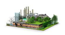 Factory. The Concept Of Global Disaster. Earth With Geological Soil Cross Section, 3D Illustration