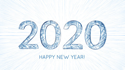 Poster - Vector 2020 text constructed with glowing lines with lightspeed burst on background. Bright Happy New Year technological card. Abstract greeting card.