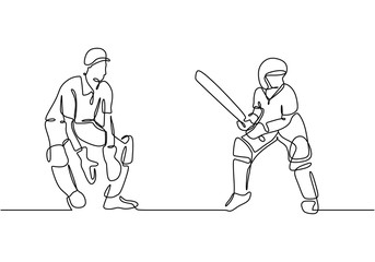 Continuous line drawing sport theme, Two person playing cricket game during the match competition vector illustration. Minimalism style of lineart hand drawn.