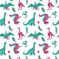  Cute childish seamless pattern with dinosaurs with eggs, plants. Funny cartoon dinos on white background. Hand drawn doodle design for girls, children illustration for fashion clothes, fabric