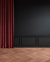 Black classic interior with red curtain, moldings and wooden chevron floor. 3d render illustration mockup.