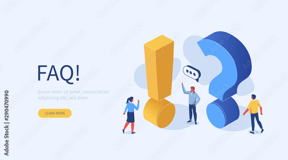People Characters Standing near Exclamations and Question Marks. Woman and Man Ask Questions and receive Answers. Online Support center. Frequently Asked Questions Concept. Flat Vector Illustration. - obrazy, fototapety, plakaty 