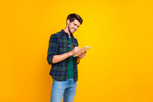 Profile Photo Of Nice Guy With Organizer In Hands Making Notes Creating Startup Idea Wear Casual Checkered Shirt And Jeans Isolated Yellow Color Background