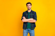Photo of amazing macho guy with crossed hands reliable person wait first job task wear casual plaid shirt isolated yellow color background