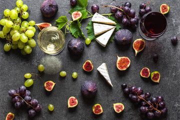 Wall Mural - Food background. Fruit, wine and cheese. Wine snack set.