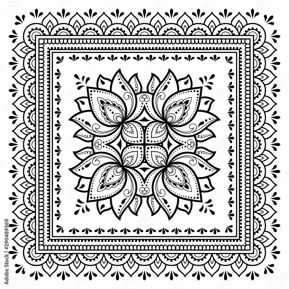 Square pattern in form of mandala with Lotus flower for Henna, Mehndi,  tattoo, decoration. Decorative ornament in ethnic oriental style. Outline  doodle hand draw vector illustration. Stock Vector | Adobe Stock, image size:1000x1000