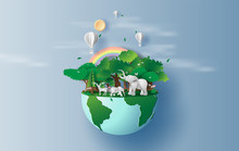 Illustration Of Elephants In Forest,Creative Origami Design World Environment And Earth Day Paper Cut And Craft Concept.Landscape Wildlife Animal With Deer In Nature By Rainbow And Balloons.vector.