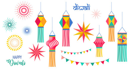 Wall Mural - Happy Diwali Hindu festival banner, greeting card. Burning diya illustration, background for light festival of India