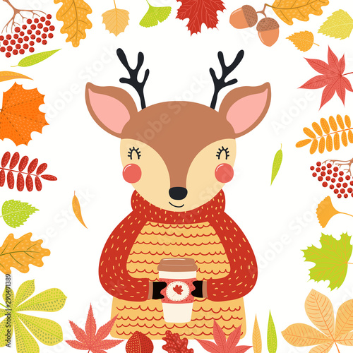 Hand drawn vector illustration of a cute deer in autumn, wearing sweater, wit...