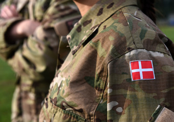 Sticker - Woman soldier. Woman in army. Flag of Denmark on soldiers arm. Denmark military uniform. Danish troops