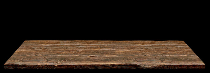 Wall Mural - Perspective view of wood or wooden table top isolated on dark black background with shallow depth of field including clipping path