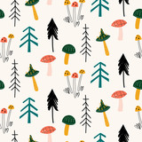 Seamless childish pattern with mushrooms, forest and plants, trees. Woodland childish print in Scandinavian decorative style.