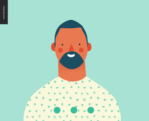 Bright people portrait - hand drawn flat style vector design concept illustration of young brunette bearded man, face and shoulders avatar. Flat style vector icon