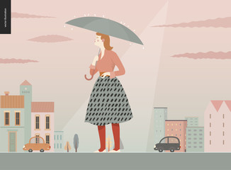 Wall Mural - Rain - standing girl -modern flat vector concept illustration of a young ginger woman wearing skirt, with umbrella, standing in the rain in the street, in front of city houses and cars.