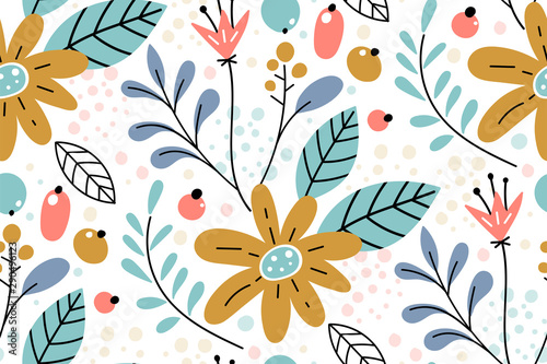 Fotografía Seamless pattern with creative decorative flowers in scandinavian style