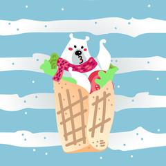  Vector illustration, funny kissing polar bear in the spring roll with tomato and green salad. Flat cartoon style. Applicable for arctic food concepts.