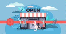 Open Business Vector Illustration. Tiny Commerce Beginning Persons Concept.