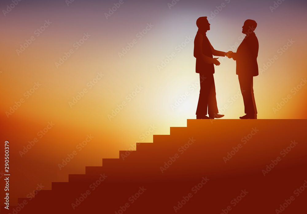 concept du leadership, avec un homme d’affaire senior qui transmet son entreprise à son jeune successeur en haut d’un escalier symbolisant la hiérarchie et l’ascension sociale - obrazy, fototapety, plakaty 