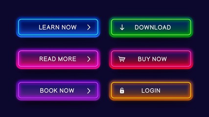 Poster - Trendy, glow, neon buttons for web design. Abstract, vector, neon buttons isolated on dark background. Ready web concept element for website.