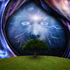 Poster - Mystic face, green tree and warped space. 3D rendering